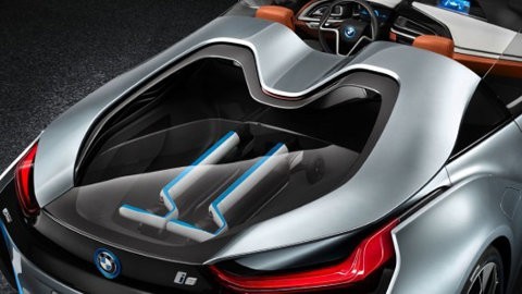 BMW i8 Concept Spyder, un auto que lleva dos scooter en la parte trasera